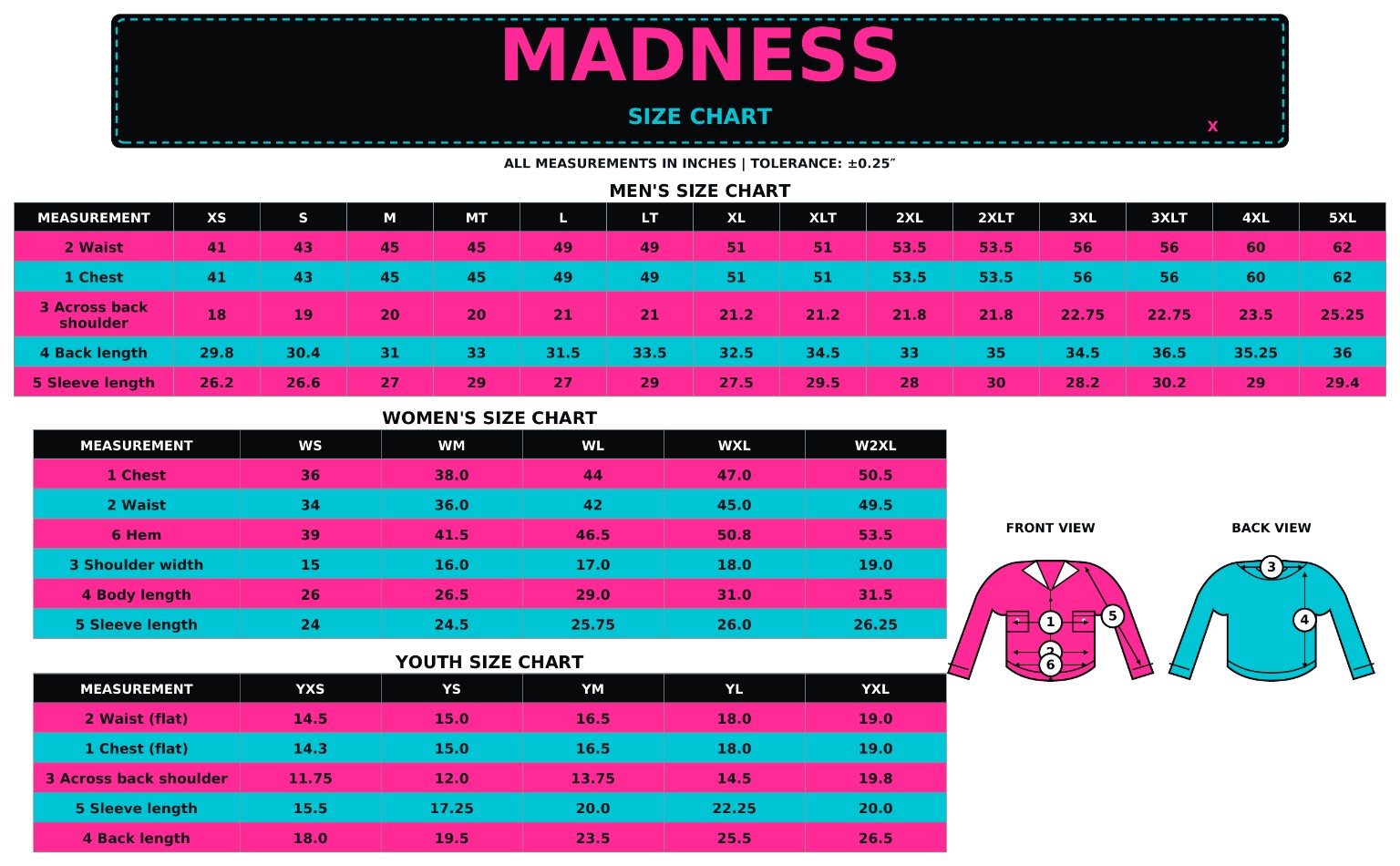 MADNESS men’s, women’s, and youth flannel shirt size chart with garment measurements in inches